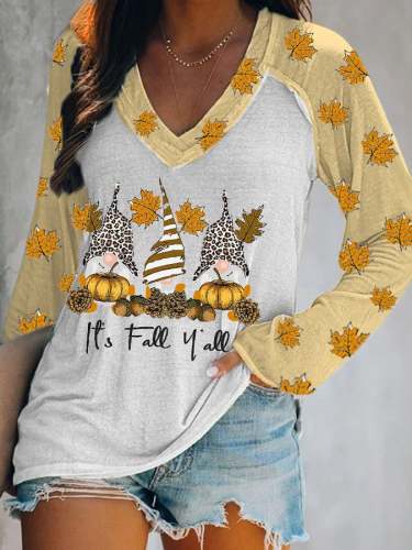 Women's Thanksgiving It's Fall Y'all Gnome Maple Pumpkin Print Top