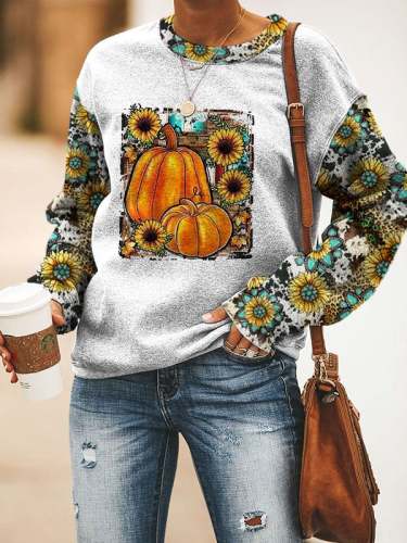 Women's Sunflower Pumpkin Print Long Sleeve Sweatshirts