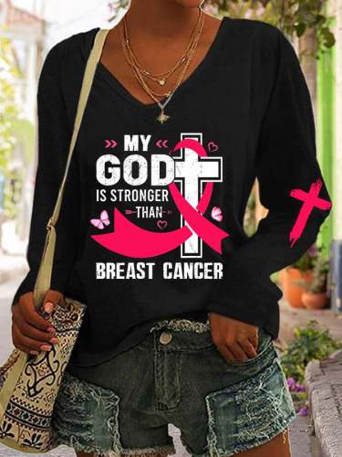 Women's My God Is Strong Than Breast Cancer Print T-Shirt
