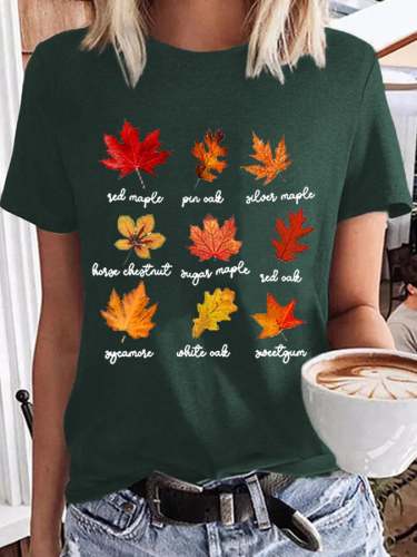 Women's Fall Leaves Print Casual Cotton Tee