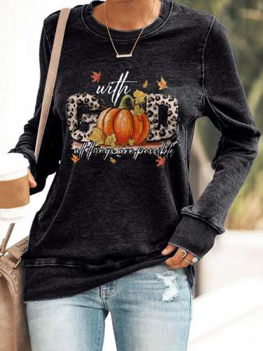 Women's With God All Things Are Possible Pumpkin Print Casual Sweatshirt