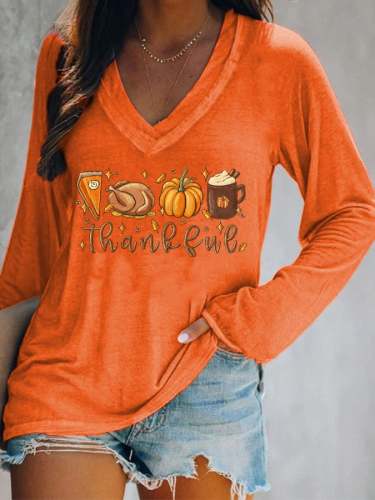 Women's Thankful Pumpkin Pie Thanksgiving Bible Turkey Leaves Fall Autumn Casual V-Neck Long-Sleeve T-Shirt