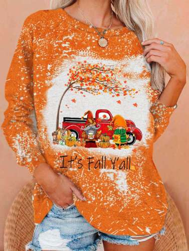 Women's Thanksgiving It's Fall Y'all Gnome Truck Maple Pumpkin Print Sweatshirt