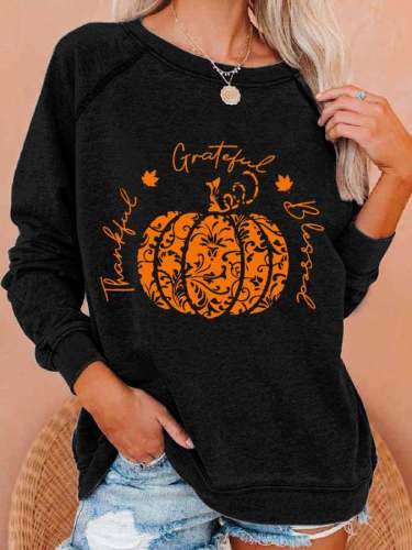 Women‘s Thanksgiving Thankful Grateful Blessed Pumpkin Print Casual Sweatshirt