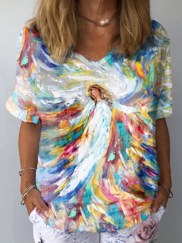 Women's Oil Painting Virgin Angel Loose Casual V-Neck T-Shirt
