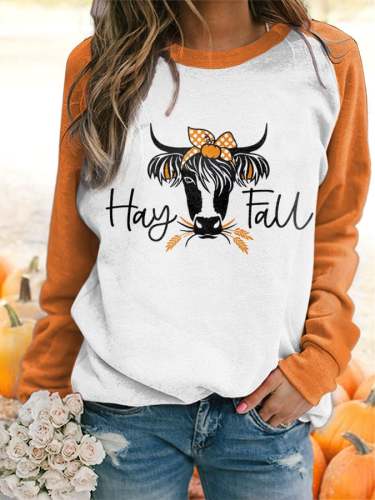 Women's Hay Fall Cow Print Sleeve Sweatshirt