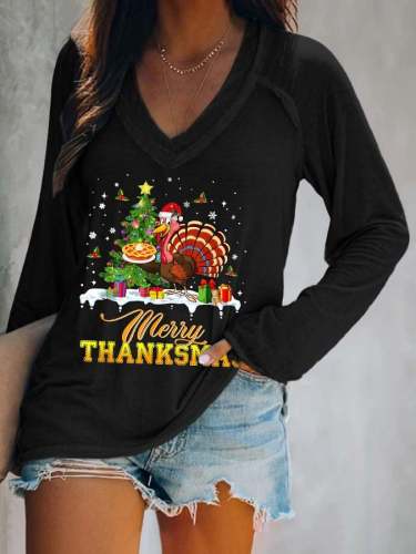 Women’s Merry Thanksmas Turkey Print V-Neck Casual T-Shirt