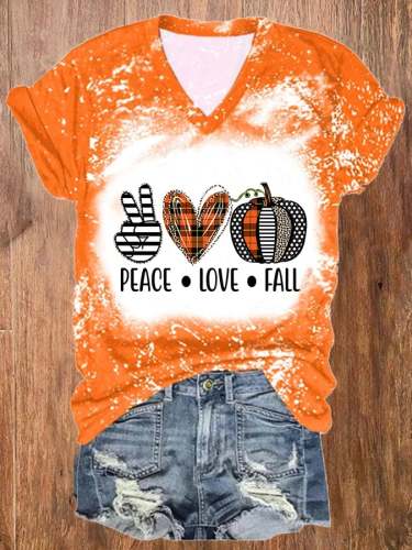 Women's Thanksgiving PEACE LOVE FALL Printed V-Neck Tee