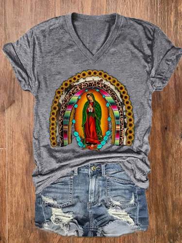 Women's Our Lady Mother Virgin Mary With Angel And Flower V-Neck Tee