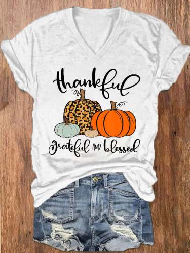 Women's Thankful Greatful and Blessed Pumpkin Print T-Shirt