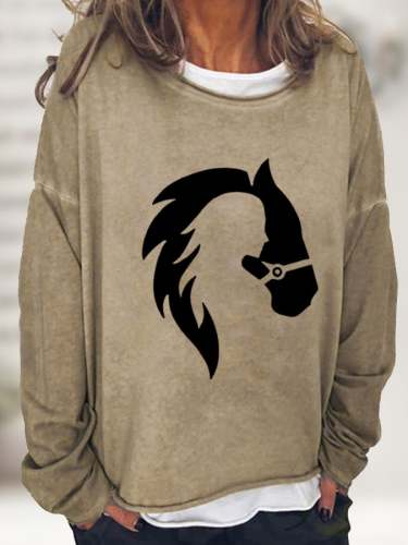 Women's Girl And Horse Silhouette Casual Long-Sleeve T-Shirt