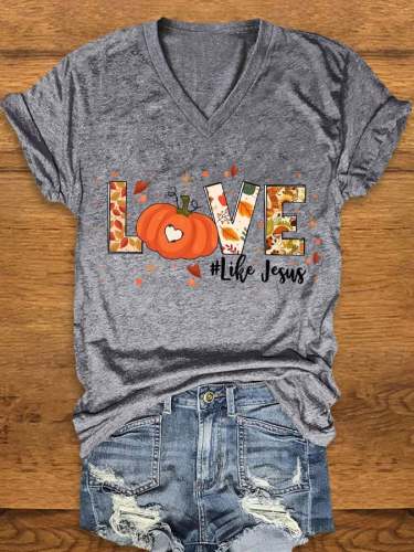 Women's Love Like Jesus Pumpkin Print V-Neck T-Shirt