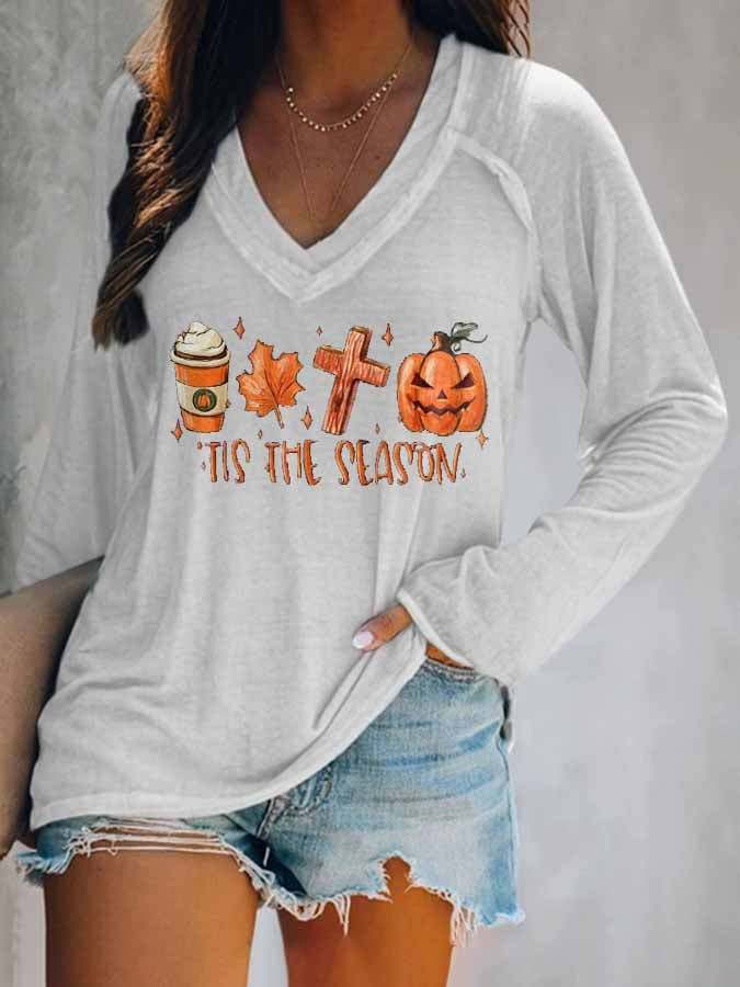 Women’s Tis The Season Pumpkin Spice Fall Leaf Cros Print V-Neck Casual T-Shirt
