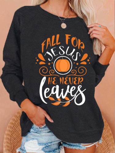 Women's Thanksgiving Fall For Jesus He Never Leaves Truck Pumpkin Print Sweatshirt
