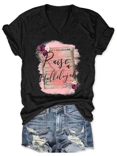 Christian Watercolor Raise A Hallelujah With Flowers V Neck Print T-Shirt