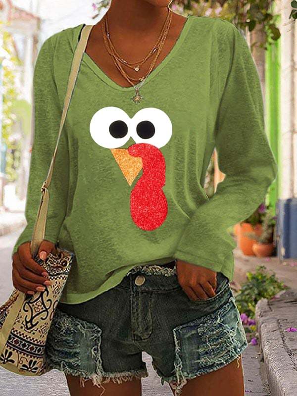 Women’s Turkey Day Printed Casual Long Sleeve V-Neck T-Shirt
