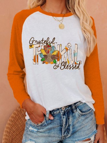Women's Thanksgiving Grateful Thanksful & Blessed Colorful Turkey Print Top