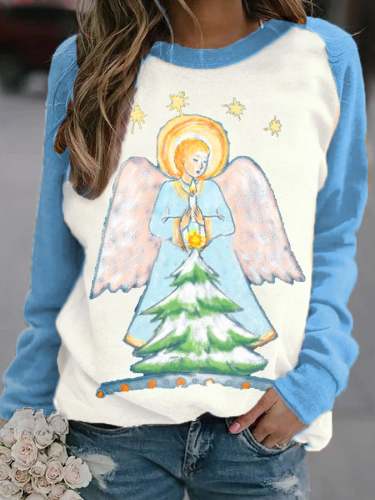 Women‘s Angel Light Candle Over Christmas Tree Print Casual Sweatshirt