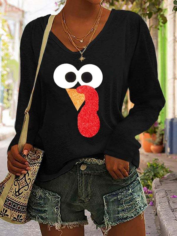 Women’s Turkey Day Printed Casual Long Sleeve V-Neck T-Shirt