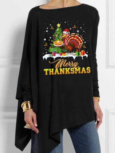 Women's  Merry Thanksmas Turkey Tree Print Casual Top