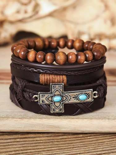 4-piece cross turquoise beaded leather bracelet