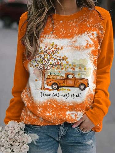 Women's Thanksgiving I Love Fall Most of All Maple Pumpkin Truck Print Sweatshirt