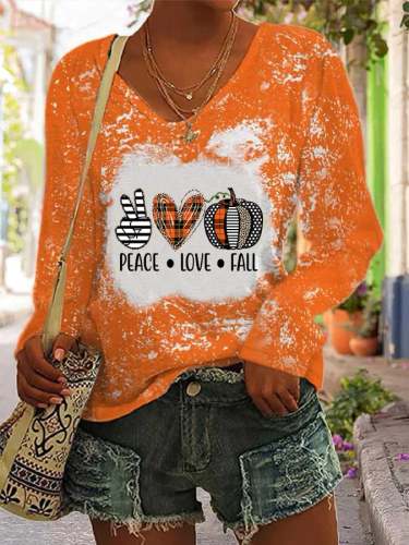 Women's Peach Love Fall Thanksgiving Bleaching Printing Casual Long-Sleeve T-Shirt