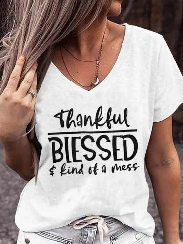 Women's Thankful, Blessed & kind of a Mess V-Neck T-Shirt