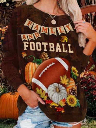 Family And Football Pumpkin Print Sweatshirt