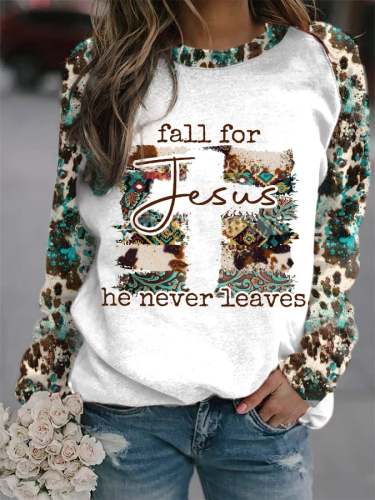 Women's Fall For Jesus He Never Leaves Ethnic Leopard Print Sweatshirt