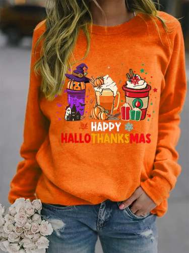 Women's Happy Hallothanksmas Wine Printed Casual Sweatshirt