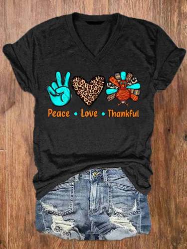 Women's Peace Love Thankful Print Casual T-Shirt