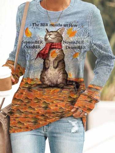 Cat Fallen Leaves The BER Months Are Here Print Sweatshirt