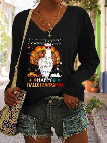 Women's Happy Hallothanksmas Print Long Sleeve V-Neck T-Shirt