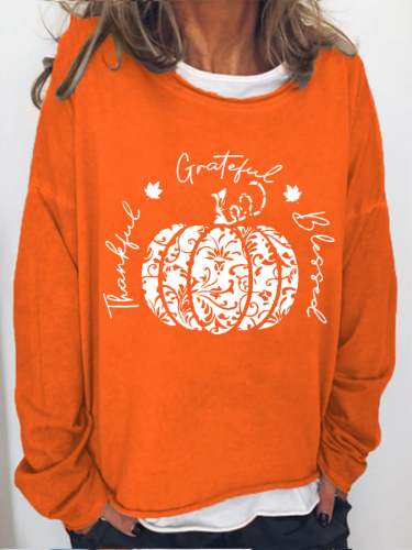 Women‘s Thanksgiving Thankful Grateful Blessed Pumpkin Print Casual Sweatshirt