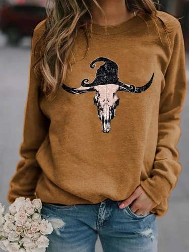 Women's Western Halloween Bull Skull Print Casual Sweatshirt