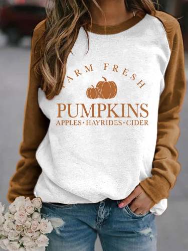 Women's Farm Fresh Pumpkins Apples Hayrides Ciders Print Casual Crewneck Sweatshirt