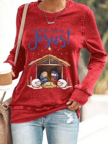 Women's Happy Birthday Jesus Print Casual Sweatshirt