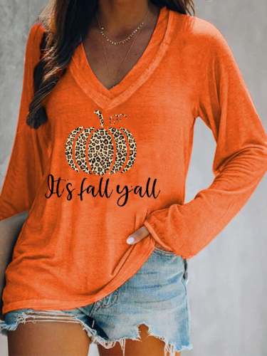 Women's Thanksgiving It's Fall Y'all Casual V-Neck Long-Sleeve T-Shirt