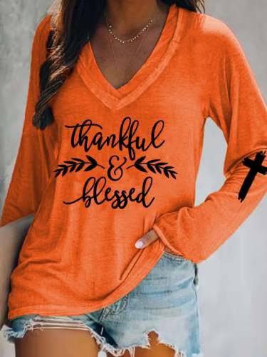 Women's Thankful&Blessed Casual V-Neck Long-Sleeve T-Shirt