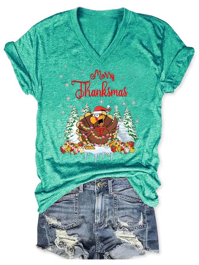 Women's Merry Thanksmas Print Casual T-Shirt