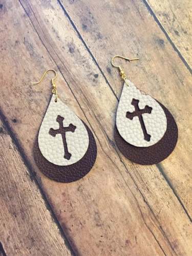 Women's cross cutout drop leather earrings
