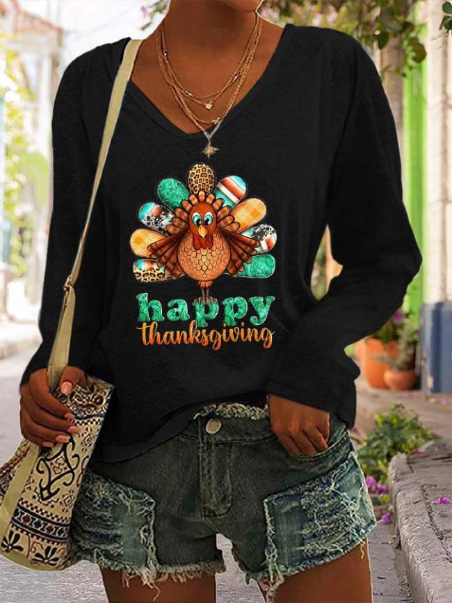 Happy Thanksgiving Print Long Sleeve T-Shirt