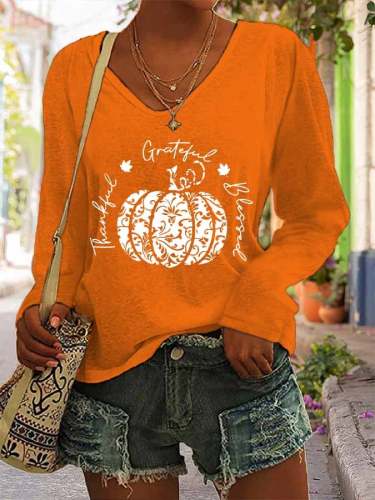 Women‘s Thanksgiving Thankful Grateful Blessed Pumpkin Print V-Neck Casual T-Shirt
