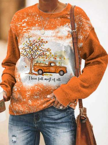 Women's Thanksgiving I Love Fall Most of All Maple Pumpkin Truck Print Sweatshirt