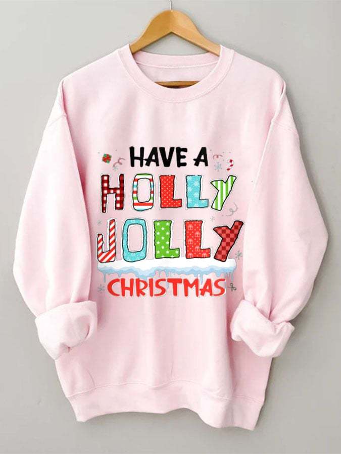 Have A Holly Jolly Christma Colorblock Print Long Sleeve Sweatshirt