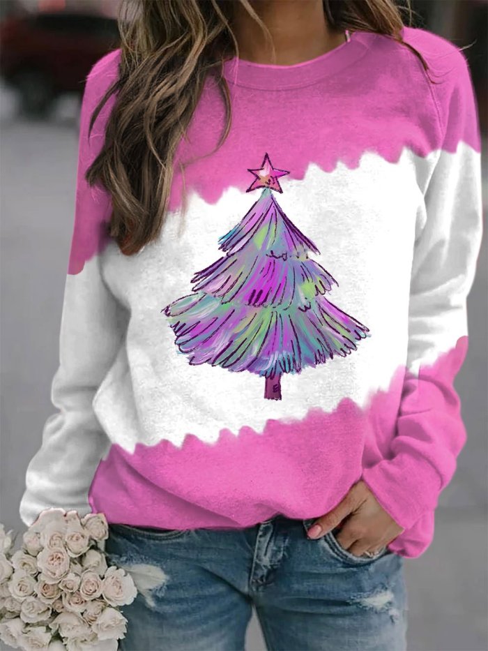 Women's Shiny Purple Christmas Tree Print Sweatshirt