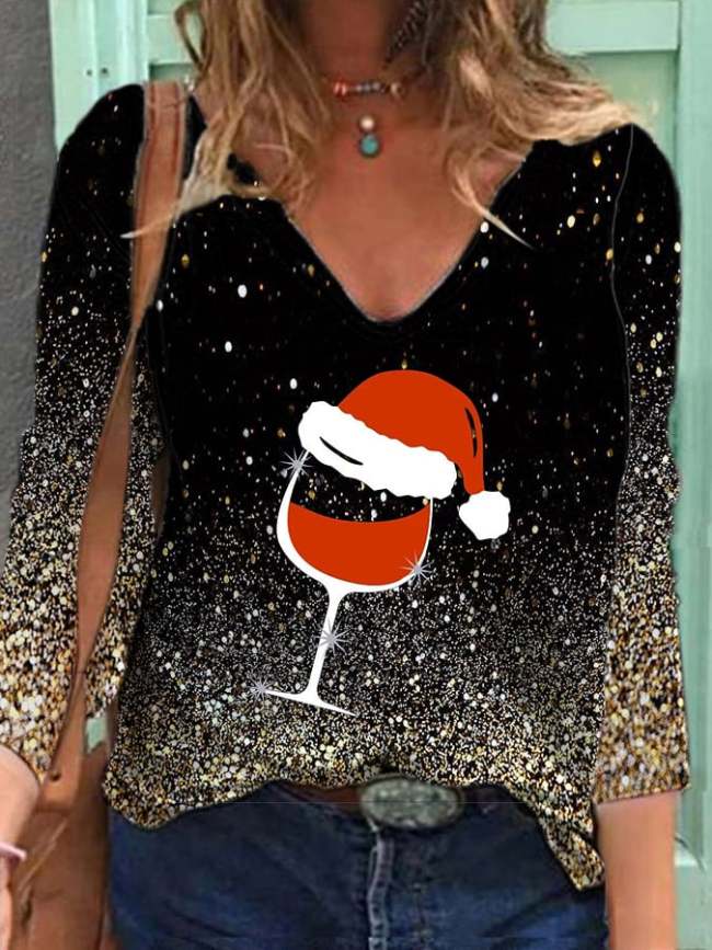 Women's Christmas Wine Glass With Santa Hat Print Long-Sleeve T-Shirt