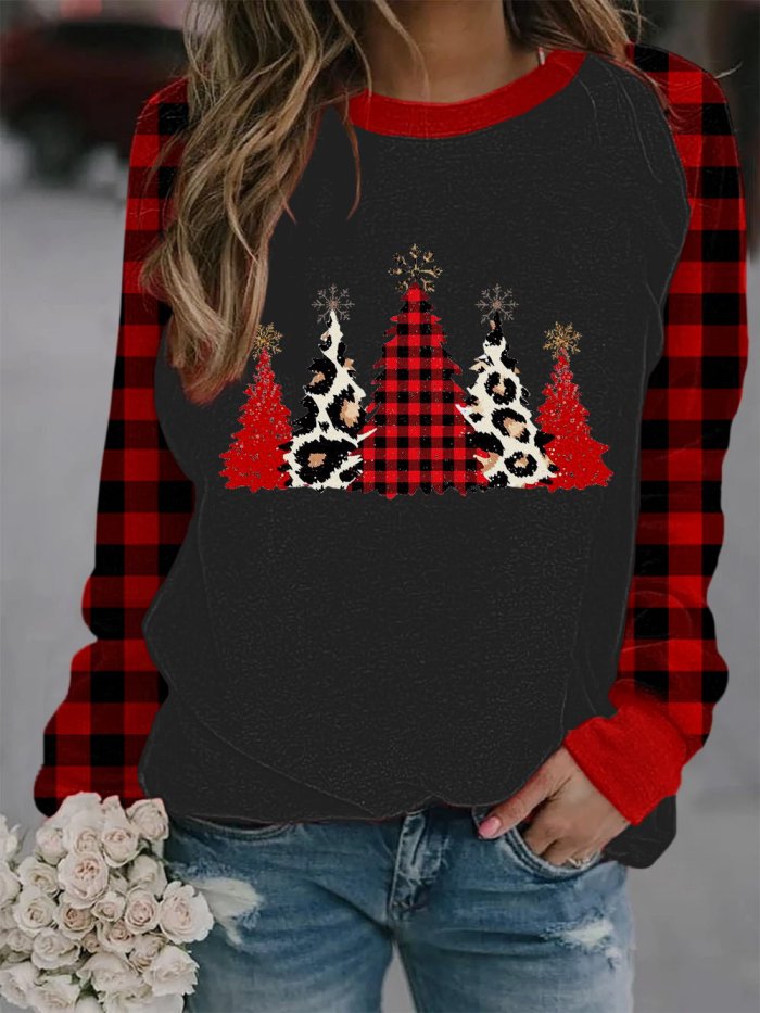 Women's Classic Check Merry Christmas Tree Print Casual Sweatshirt