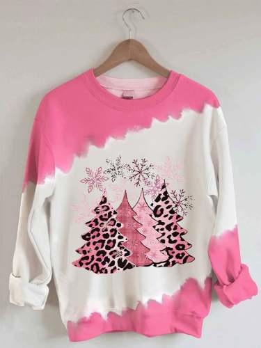 Women's Pink Leopard Christmas Tree Print Sweatshirt
